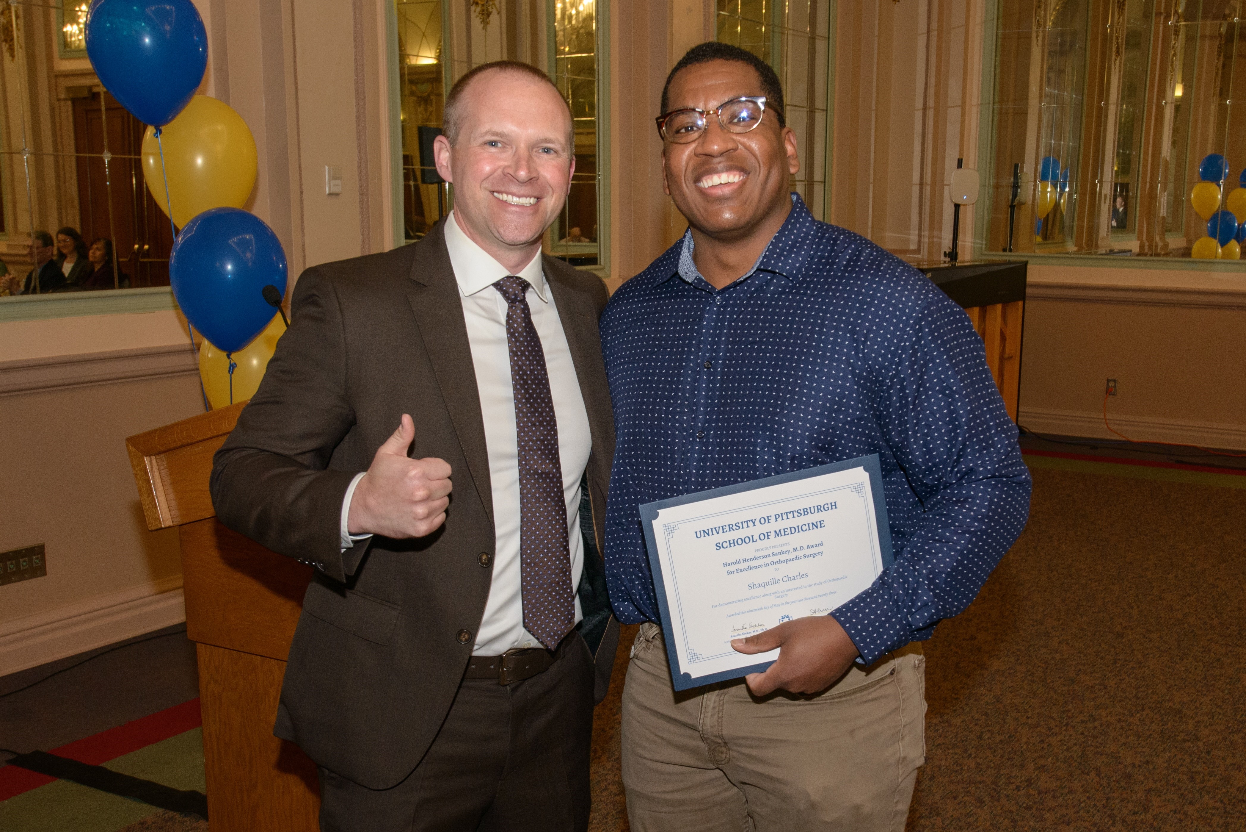 Dr. Albert Lin, Program Director, Orthopaedic Surgery Residency Program, and Shaquille Charles, incoming PittOrtho intern.